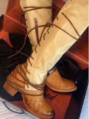 Freebird Coal White Ostrich Boots — Size 9